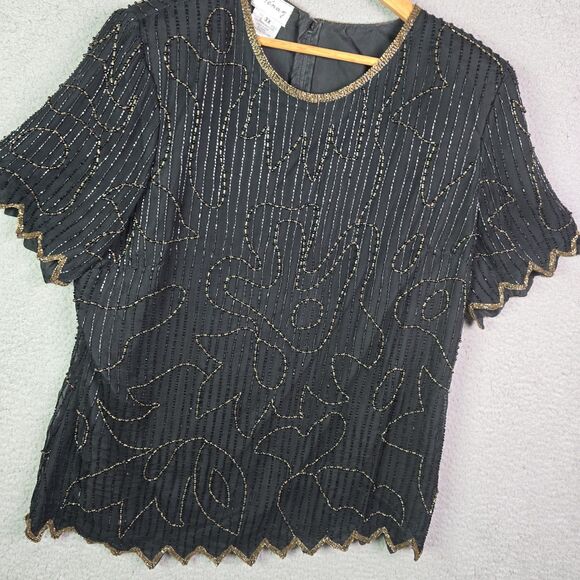 Stenay 3X silk beaded top metallic scalloped black holiday party bling festival - Picture 14 of 16
